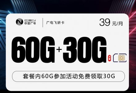 广电飞妍卡月租39元/月,含90G全国通用流量(60G 基础 + 30G 短信领取赠包)-绿港号卡网