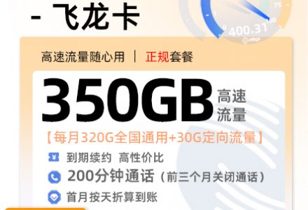 广电飞龙卡28元/月享320G全国通用+30G定向流量+200分钟语音通话(到期可续,流量结转)-绿港号卡网